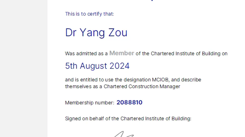 Dr Zou has become a chartered member of Chartered Institute of Building (CIOB)