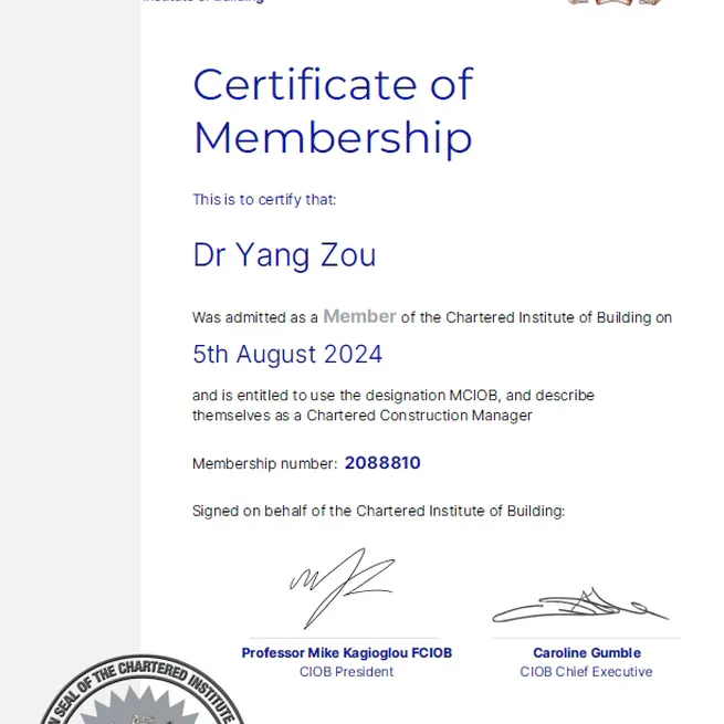 Dr Zou has become a chartered member of Chartered Institute of Building (CIOB)